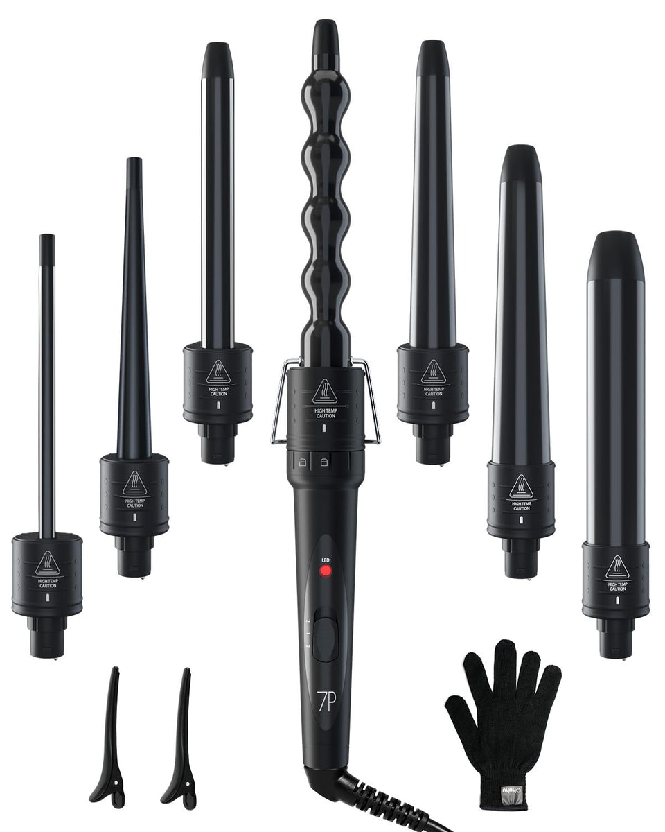 Ohuhu curling wand set with seven barrels laid out for versatile styling.