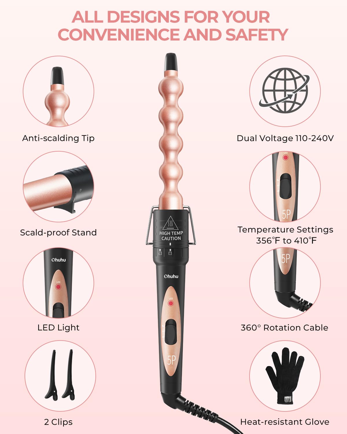 Ohuhu tourmaline ceramic barrels help reduce frizz and add shine.