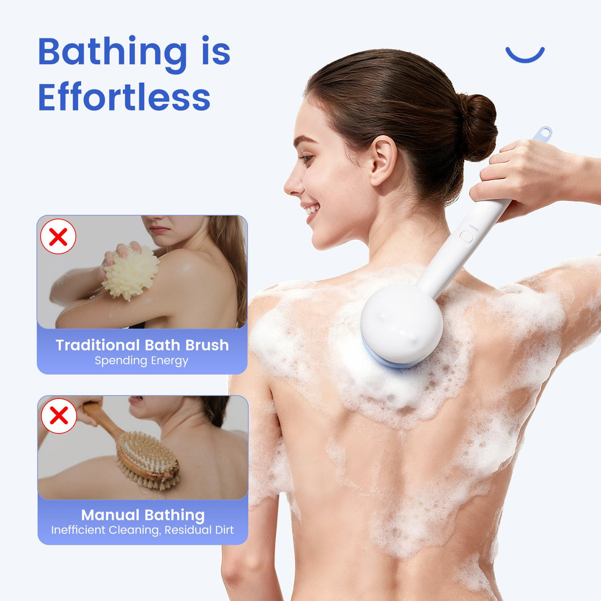 Oh,XIYU back scrubber with lollipop-textured bristles for gentle exfoliation.