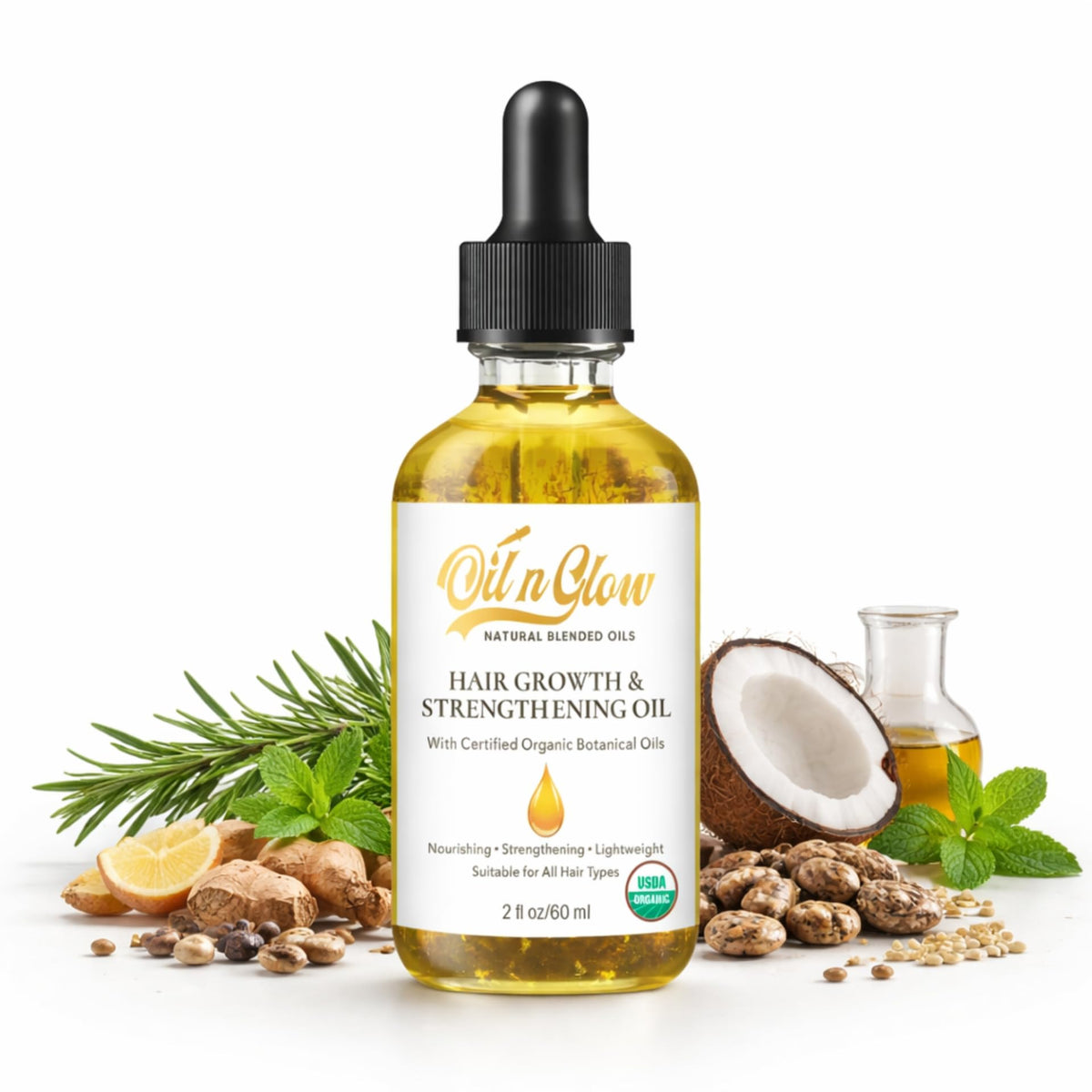 OilnGlow 9-in-1 serum bottle ready for application to nourish hair roots