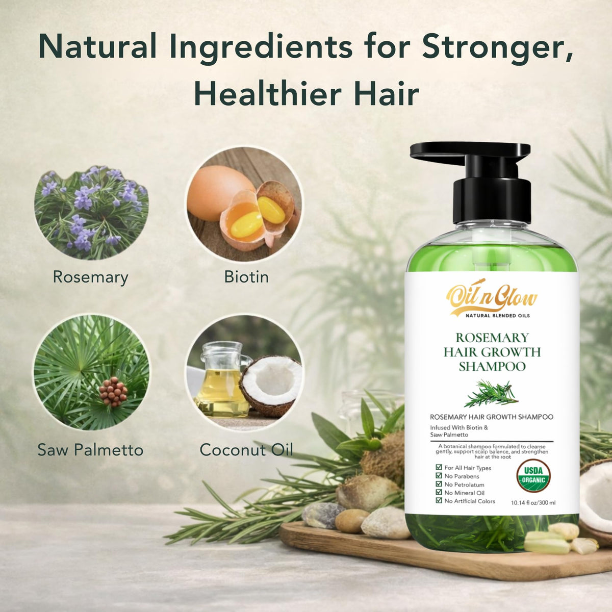 OilnGlow rosemary shampoo bottle back, listing organic ingredients and usage guidance.