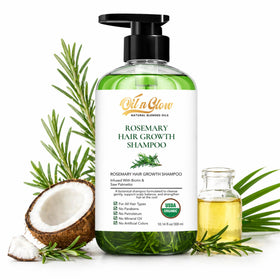 OilnGlow rosemary shampoo bottle front, fragrance-free formula supports scalp health and hair vitality.
