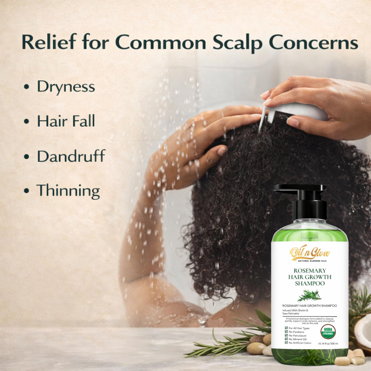 OilnGlow rosemary shampoo hand-lather, creates rich cleanse for hair.