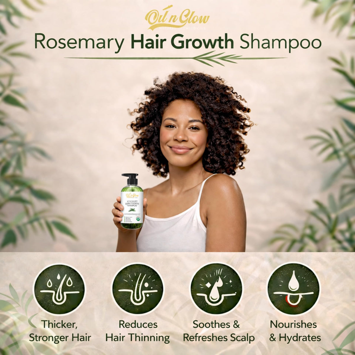 OilnGlow rosemary shampoo ingredients label close-up, highlighting rosemary oil and biotin.
