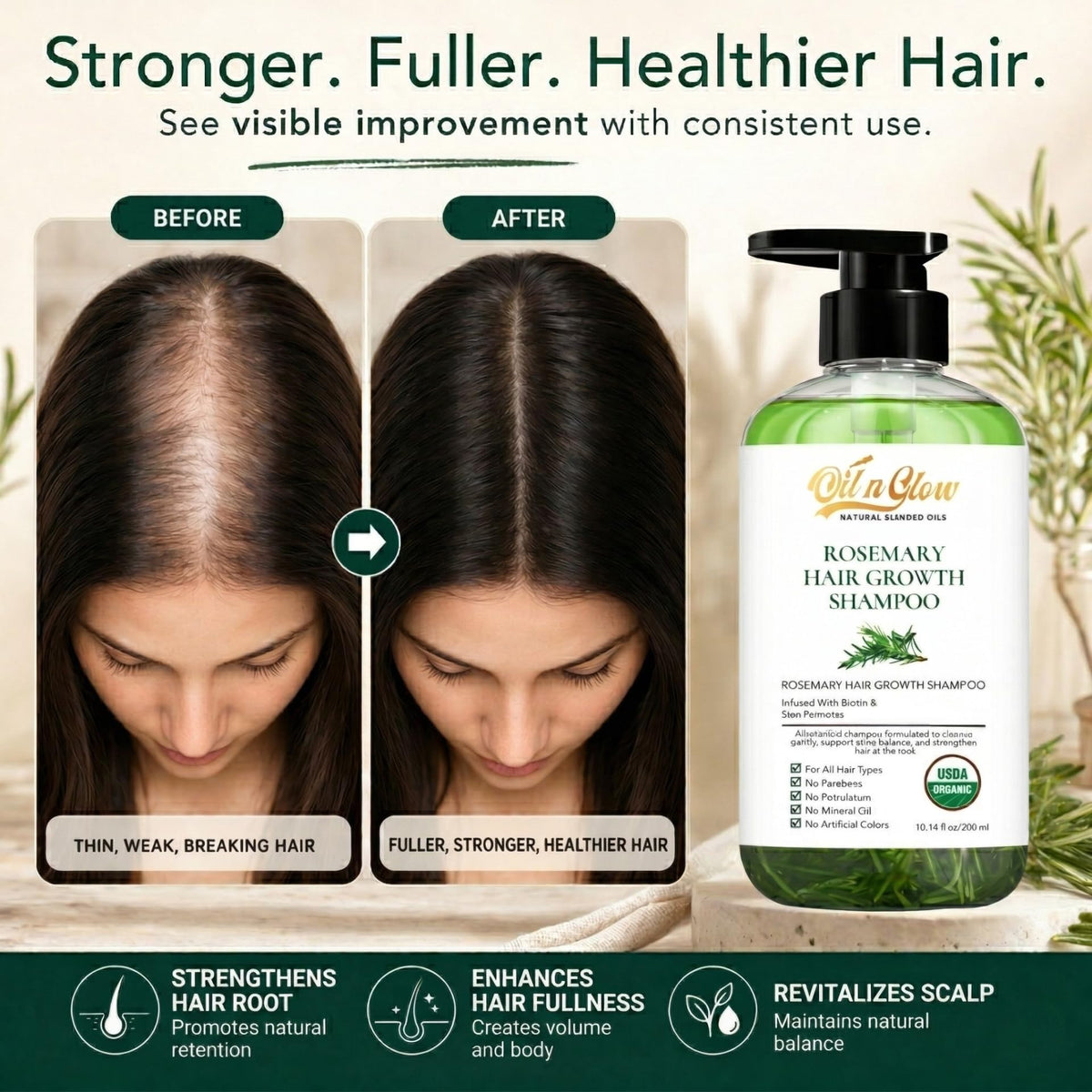 OilnGlow rosemary shampoo in shower, fragrance-free formula ideal for sensitive scalps.