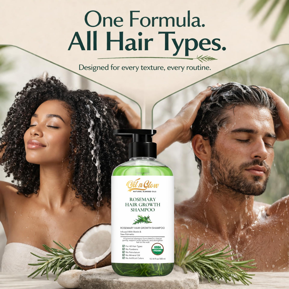 OilnGlow rosemary shampoo box with seal, travel-friendly packaging.