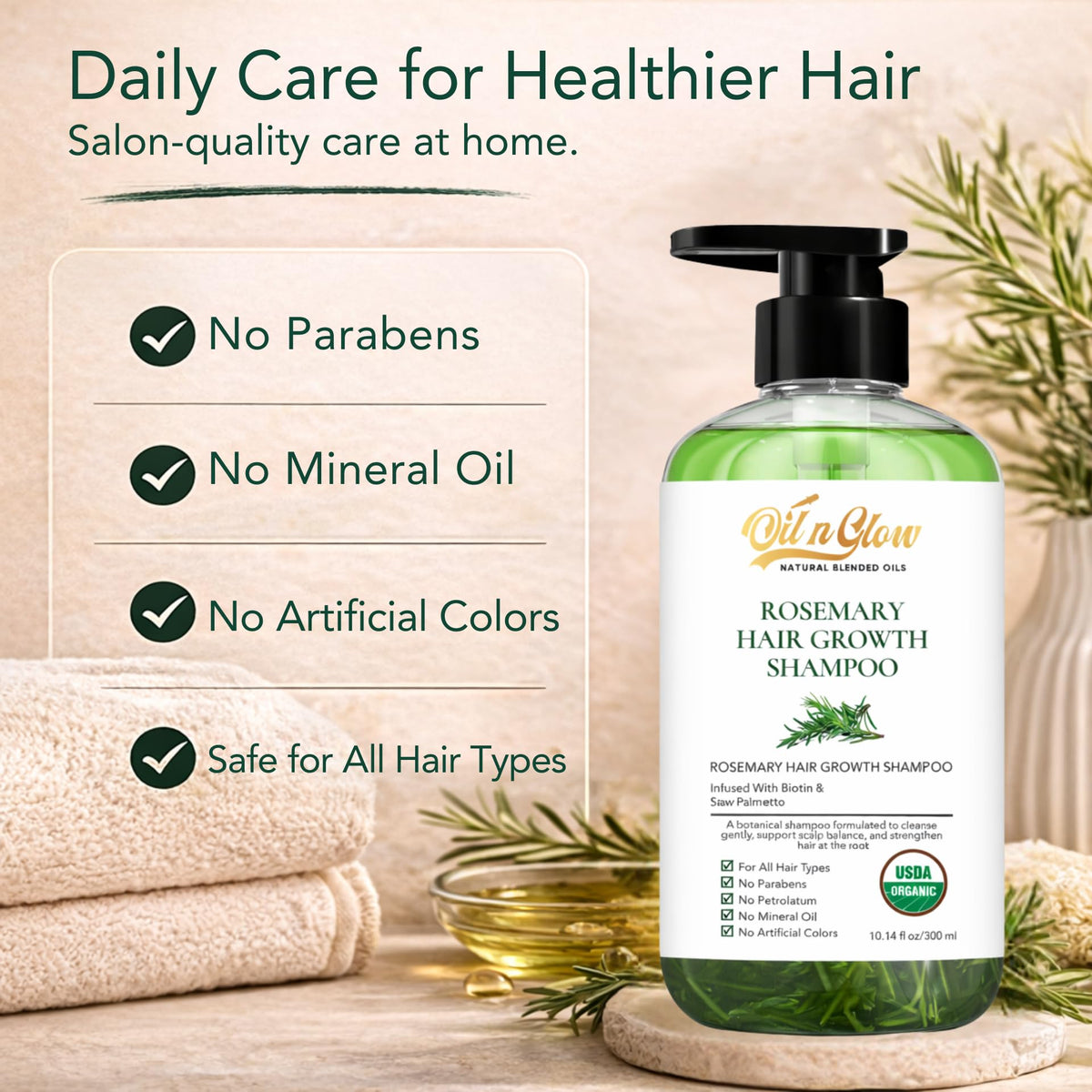 OilnGlow rosemary shampoo bottle on sink, USDA Organic badge visible.