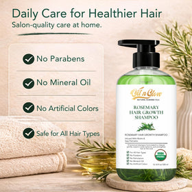 OilnGlow rosemary shampoo bottle on sink, USDA Organic badge visible.