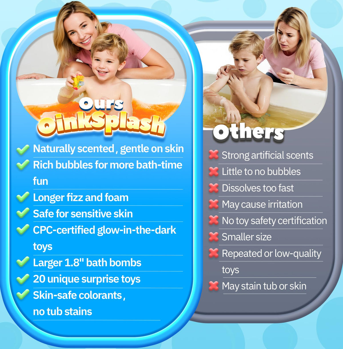 OinkSplash strawberry-scented bath bomb invites imaginative play and scent.