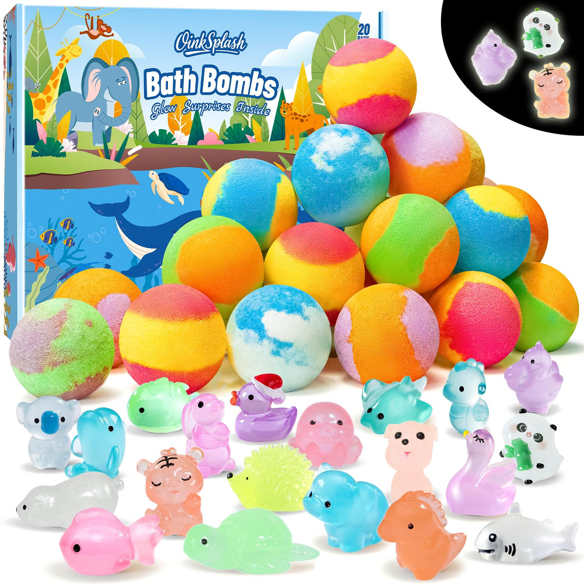 OinkSplash bath bomb revealing glow-in-the-dark toy inside for kids' imaginative bath time.