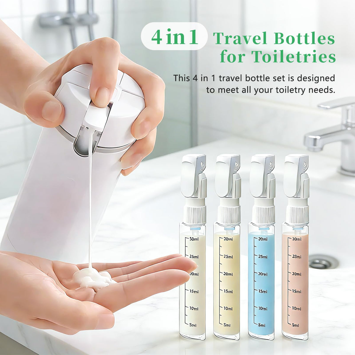 OJJ compact 4-in-1 bottle gray assembly for shampoo conditioner body wash.