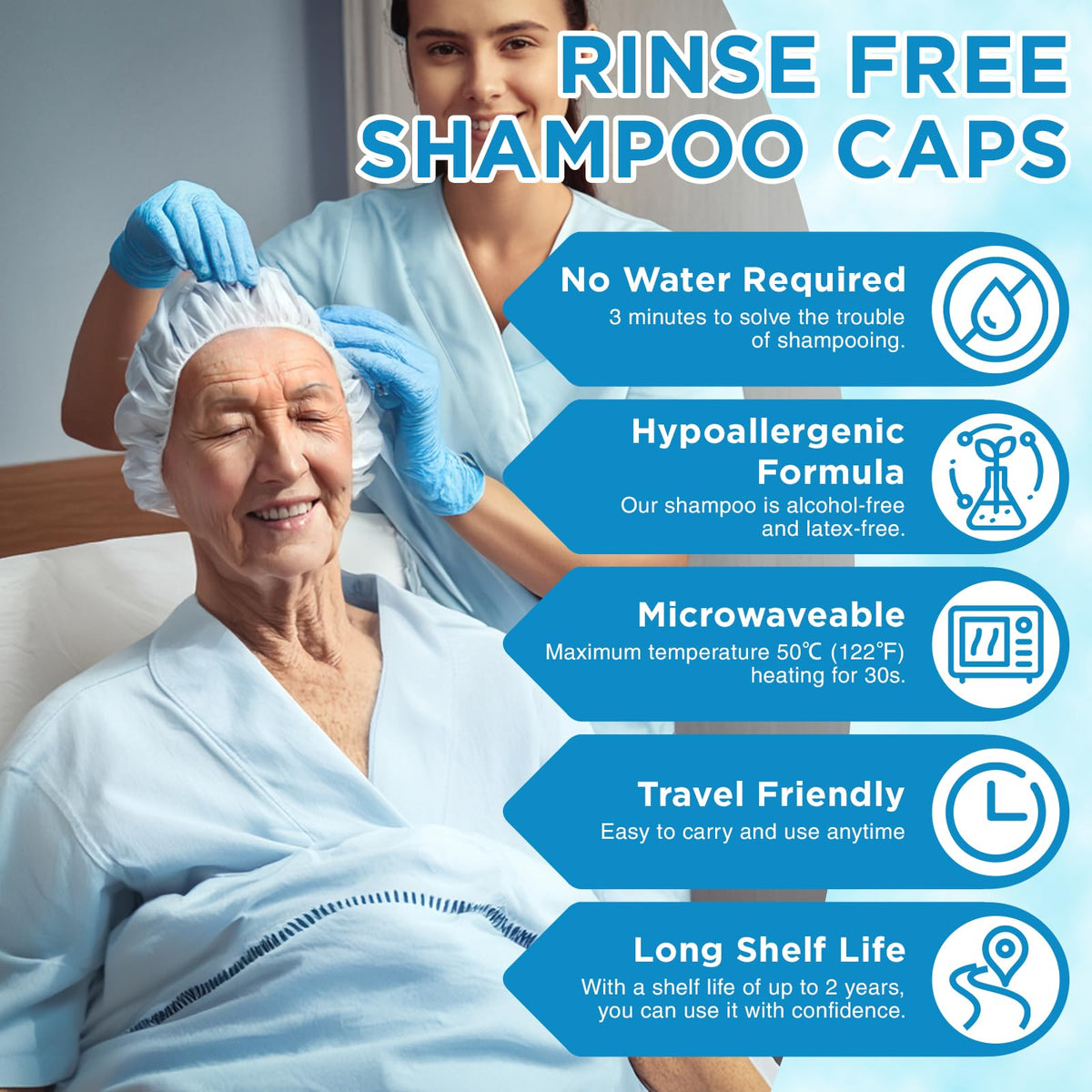 OK TAPE No Water Shampoo Cap massaging hair to distribute cleansing