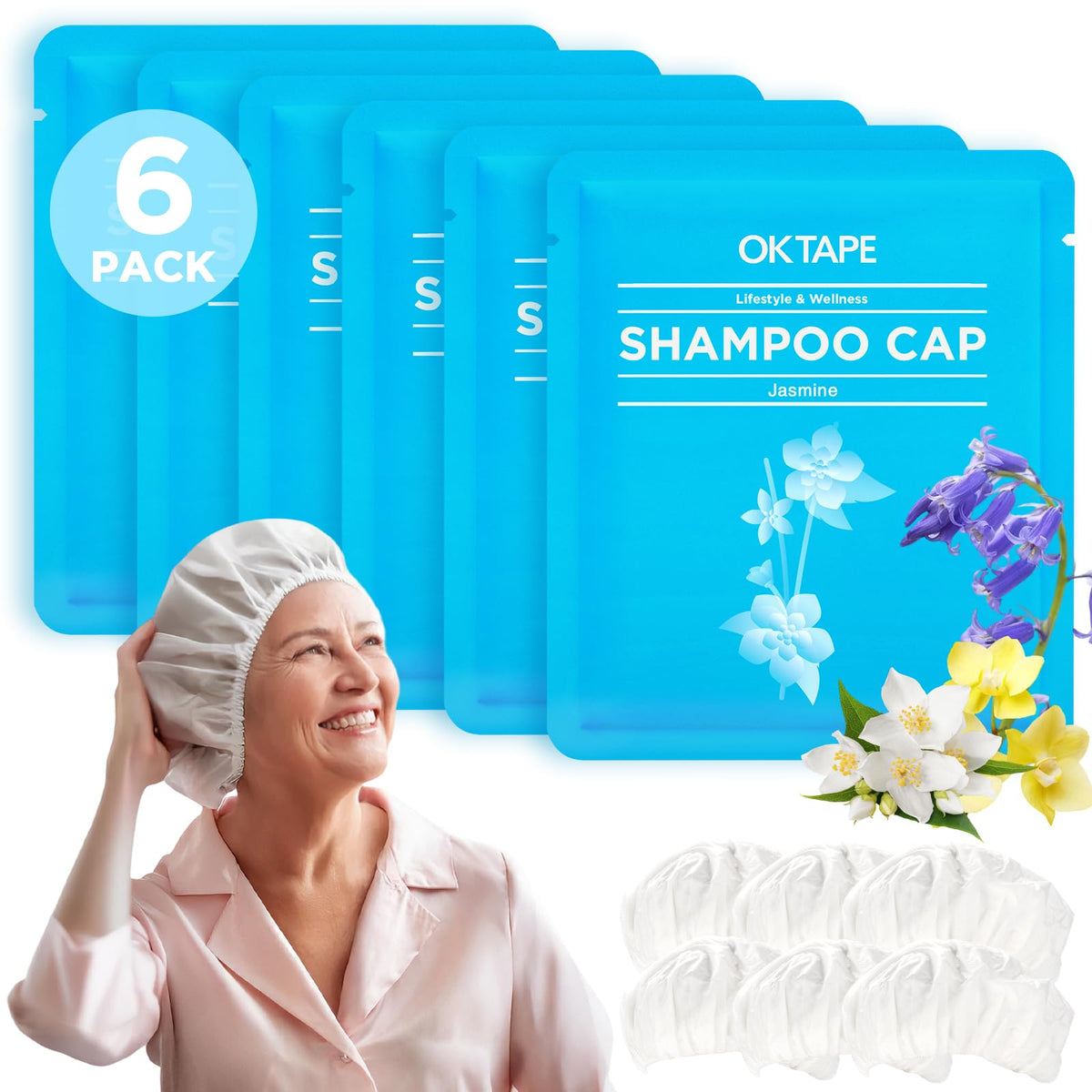 OK TAPE No Water Shampoo Caps six-pack packaging for easy travel care