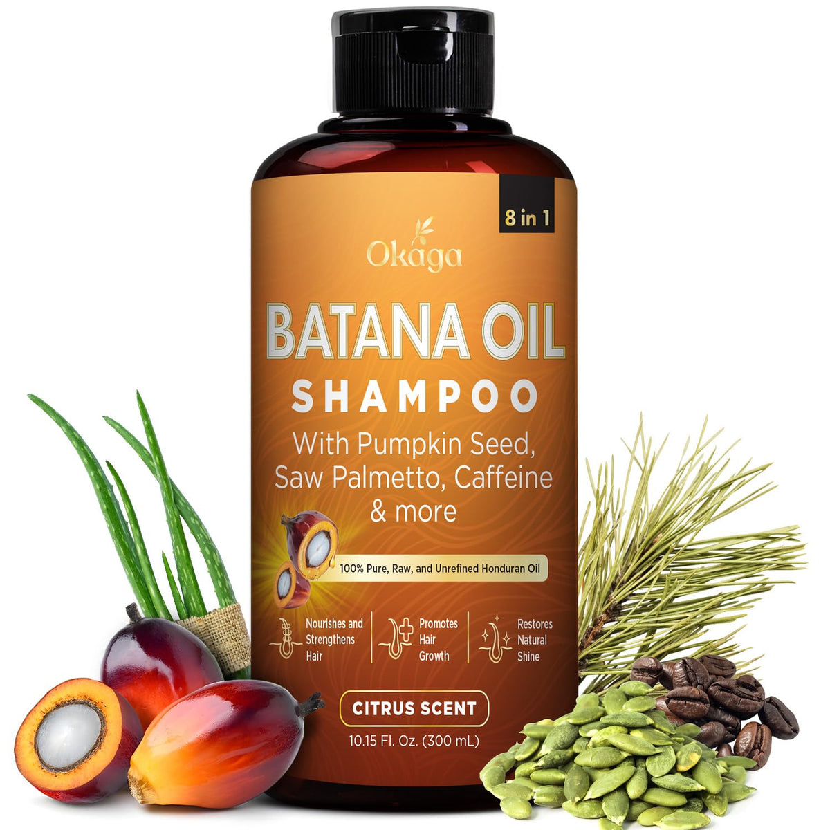 Okaga Batana Oil Shampoo bottle front with citrus scent for daily refresh and gentle cleanse
