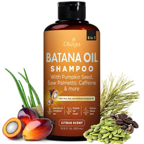 Okaga Batana Oil Shampoo bottle front with citrus scent for daily refresh and gentle cleanse