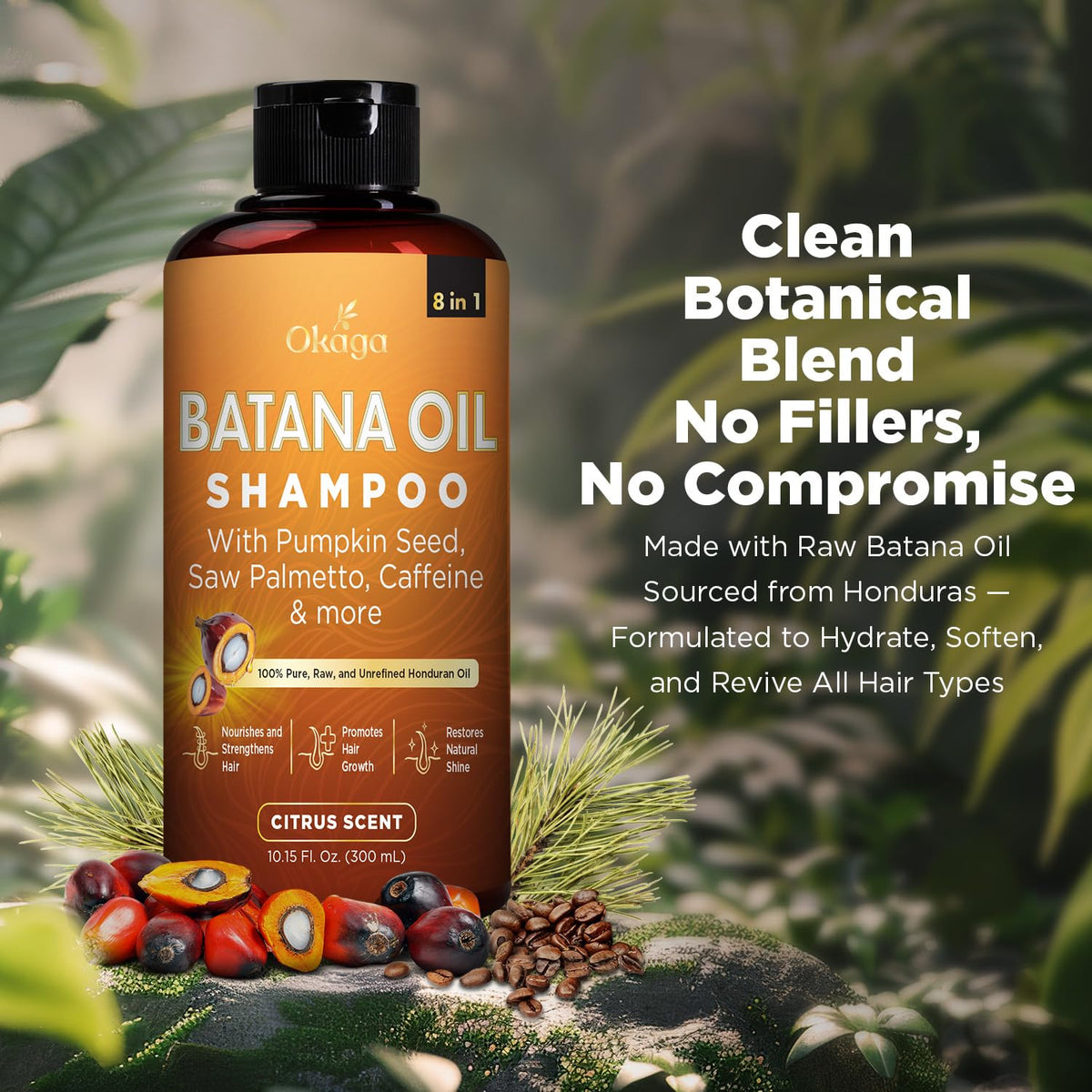 Okaga Batana Oil Shampoo label close-up showing plant-based formula for sensitive scalps