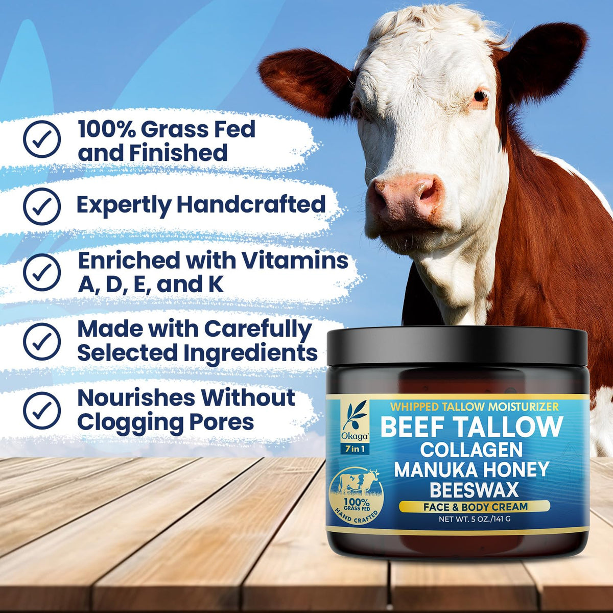 Okaga beef tallow balm collection on display for natural skincare needs.