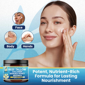 Okaga beef tallow balm applied to face, body, and lips for hydration.
