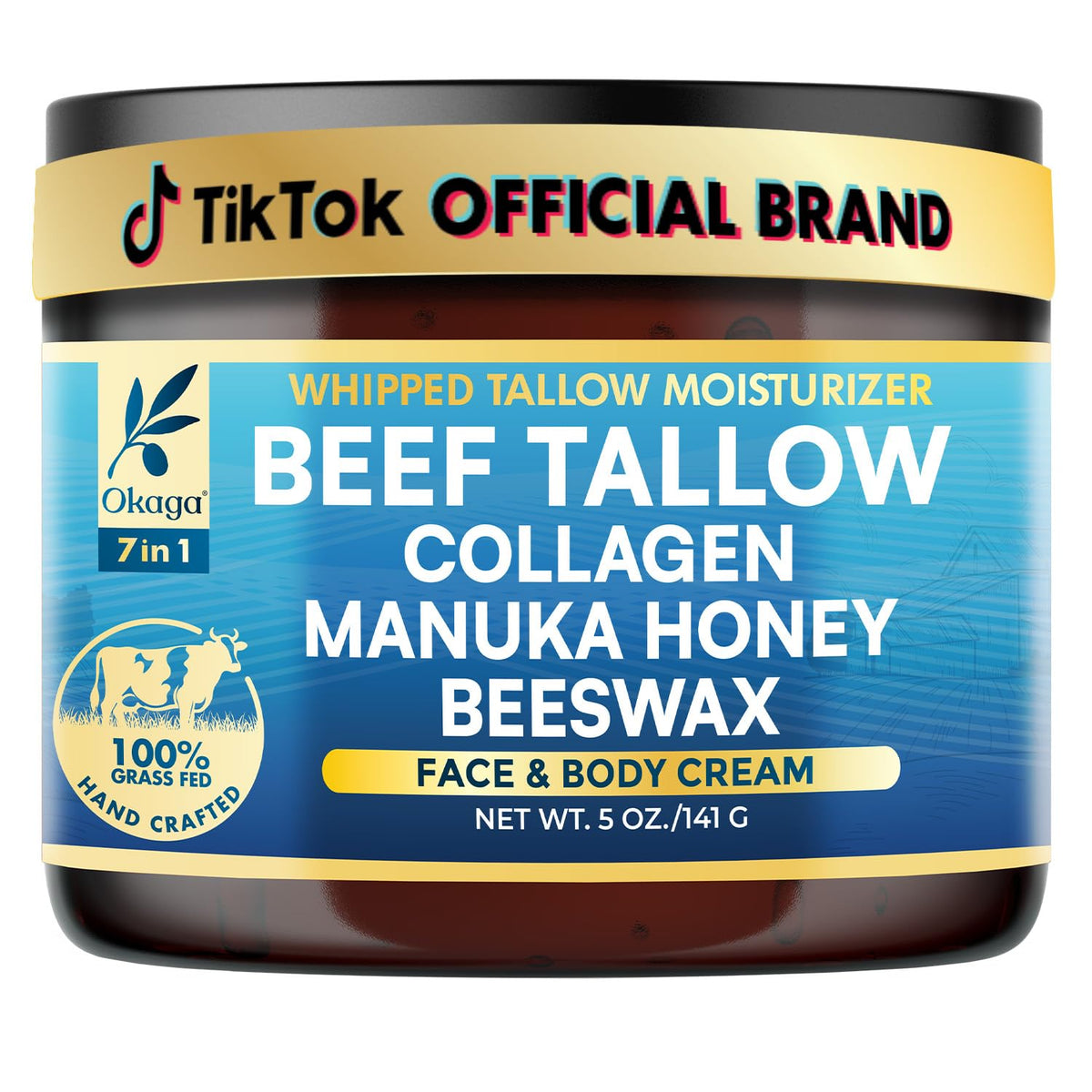 Okaga beef tallow balm jar close-up, delivers deep, non-greasy hydration.