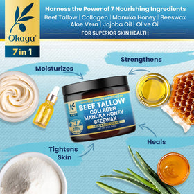 Okaga beef tallow balm texture and dispense showing smooth absorption.