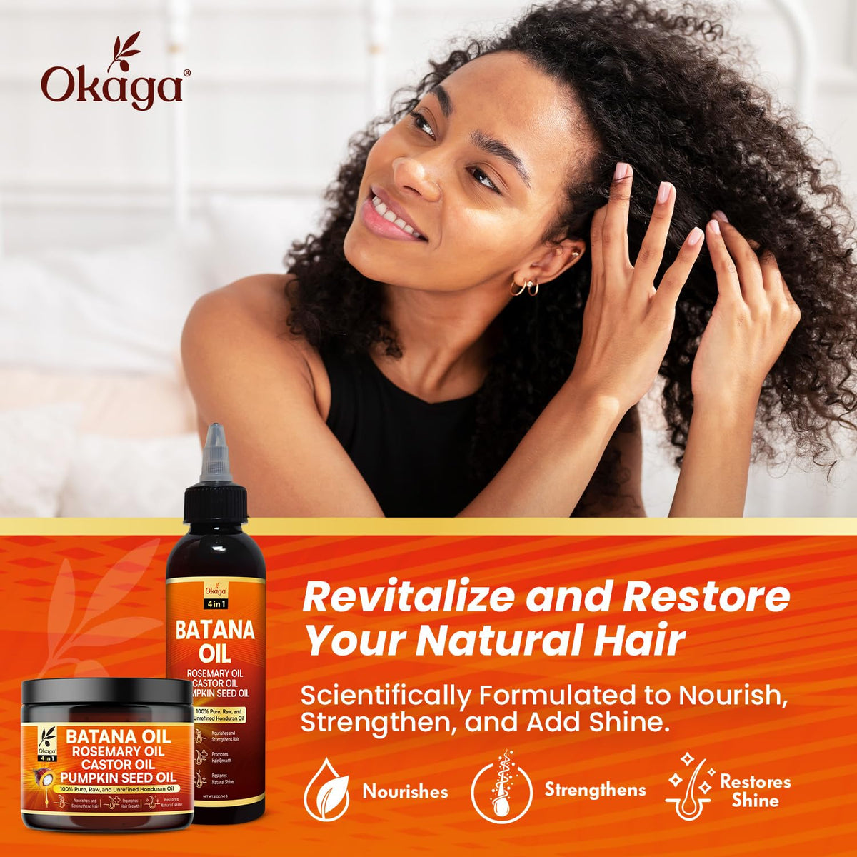 Okaga hair shine close-up showing smooth, healthy strands.