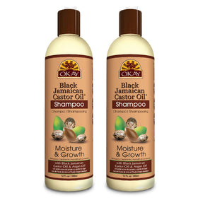 OKAY Black Jamaican Castor Oil Shampoo bottle highlights nourishing moisture for dry hair