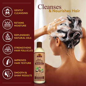 OKAY Black Jamaican Castor Oil Shampoo ingredients label shows castor and argan oils for hydration