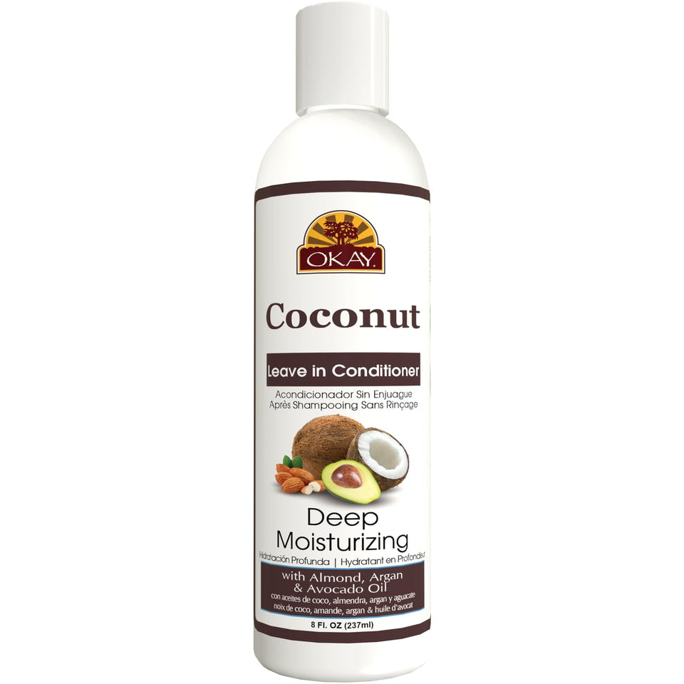 OKAY Coconut Leave-In Conditioner bottle with pump for smooth, hydrated curls