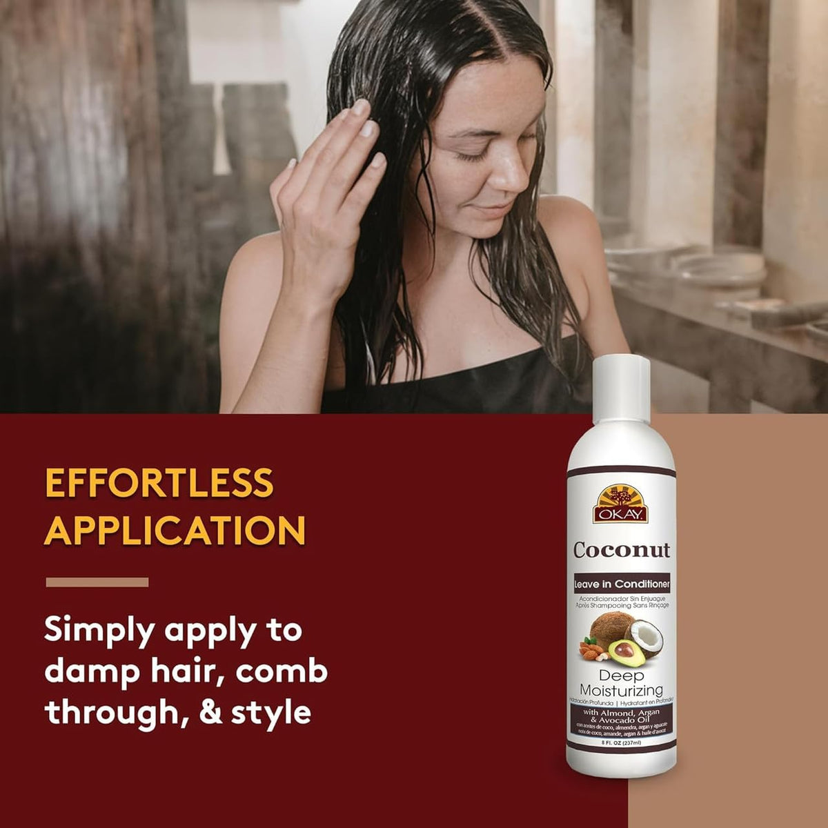 OKAY Coconut Leave-In Conditioner detangling wet hair to ease styling