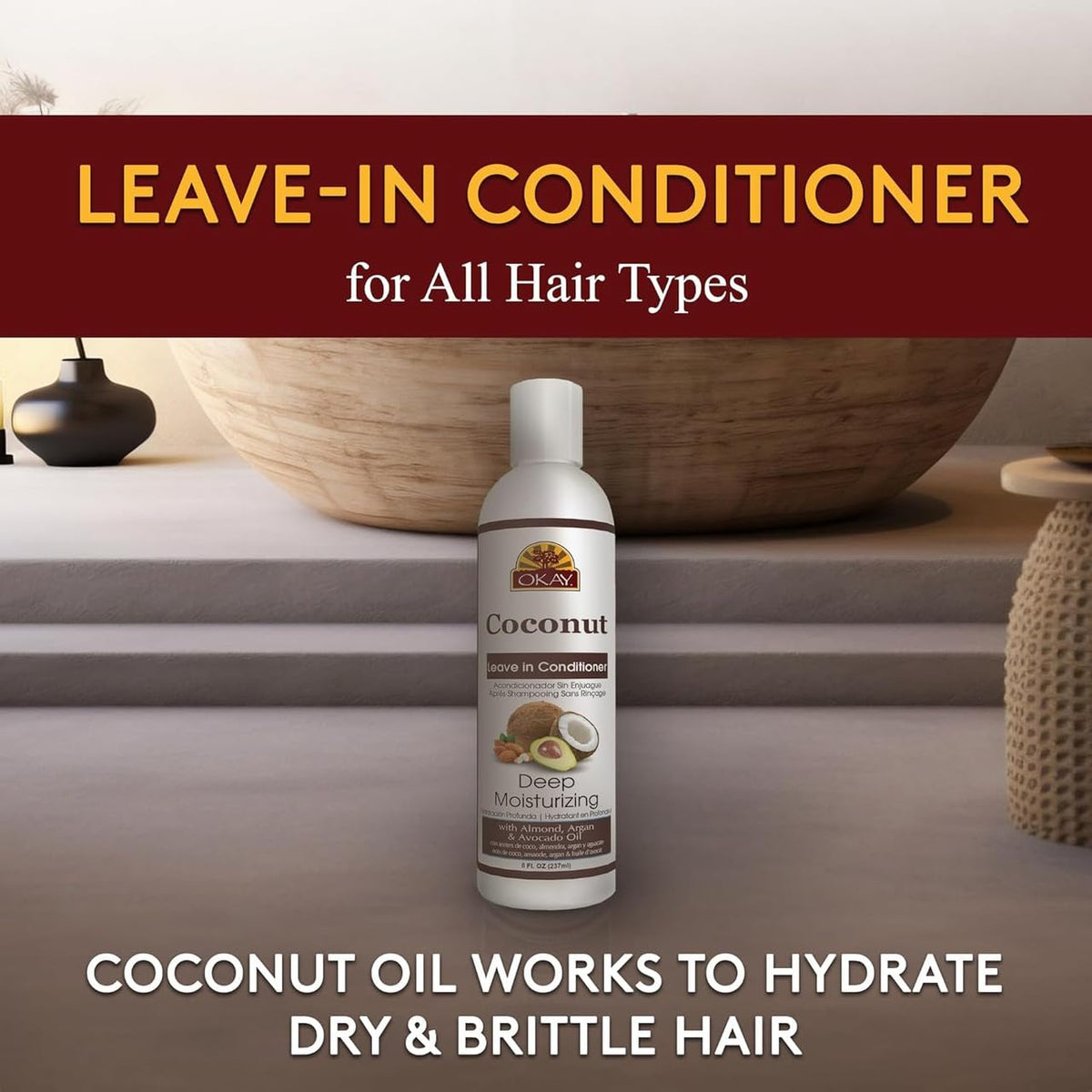 OKAY Coconut Leave-In Conditioner on dry hair for manageable texture