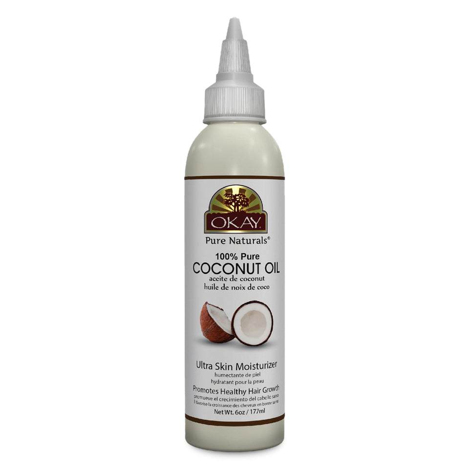 OKAY coconut oil 6oz squeeze bottle for versatile hair and skin care.