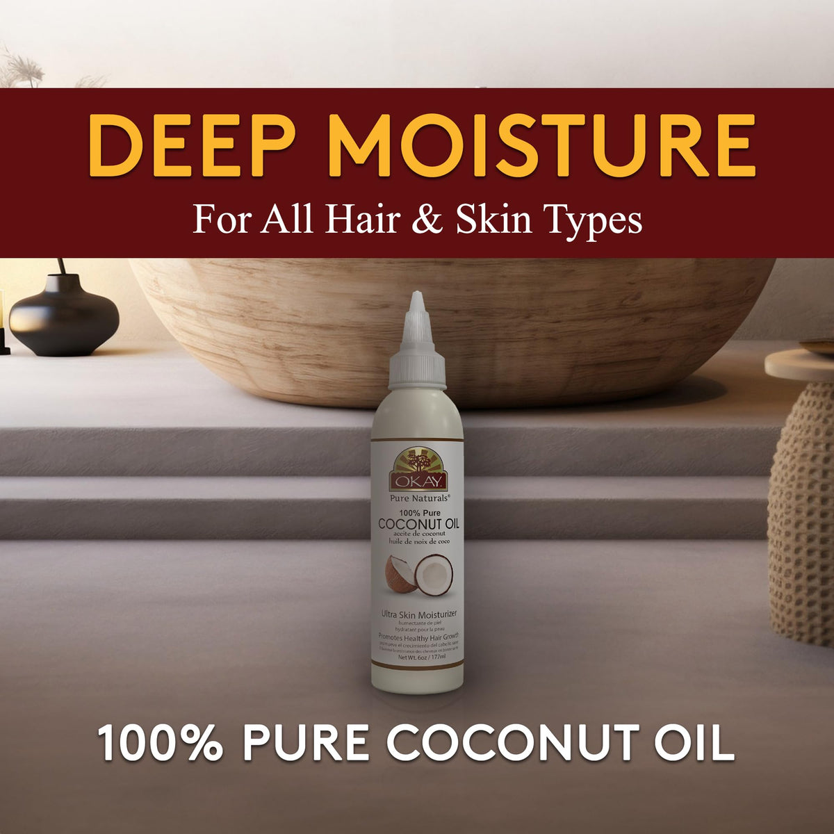 OKAY coconut oil hair treatment softens strands and adds natural shine.