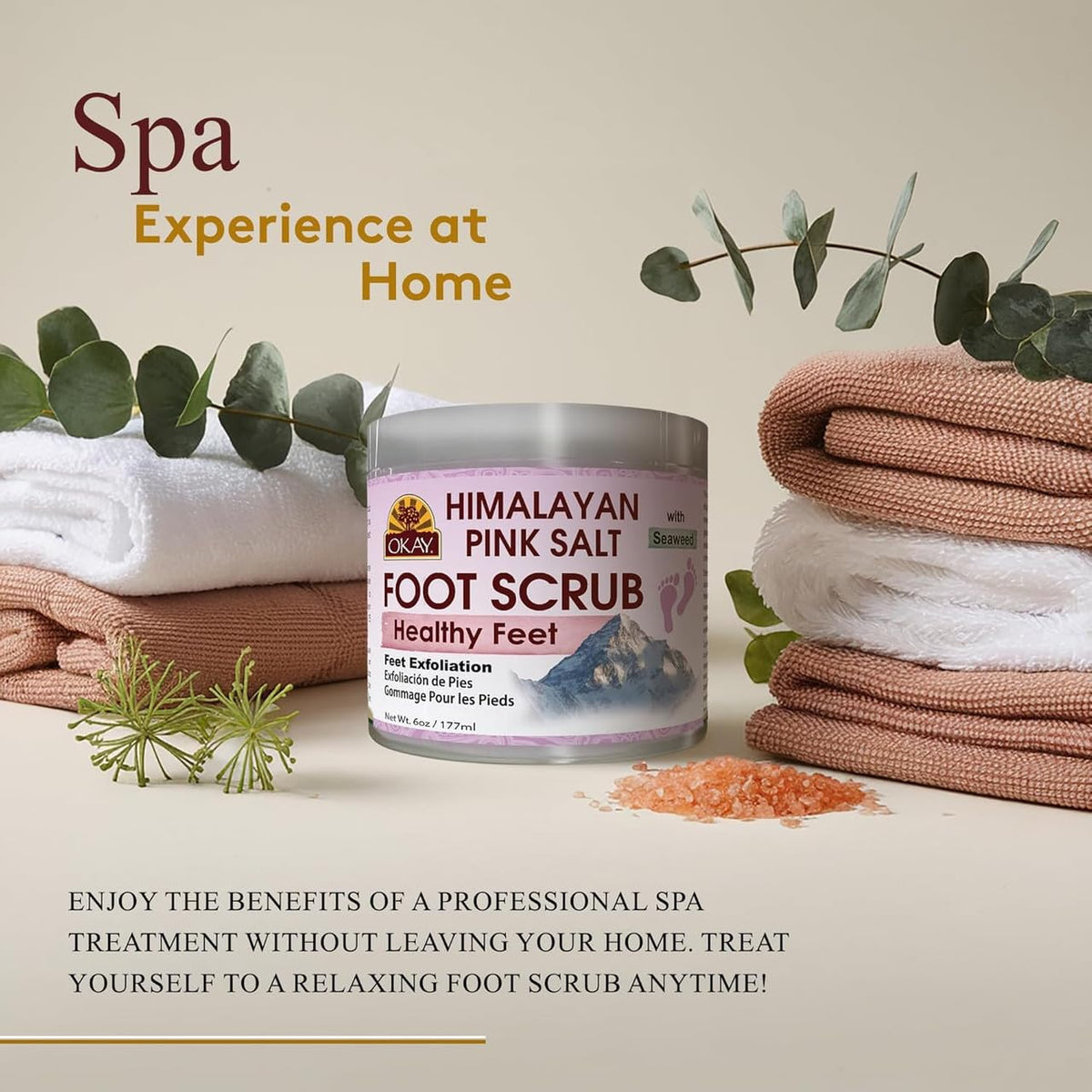 Okay foot scrub massage demonstrates easy, spa-like care at home.