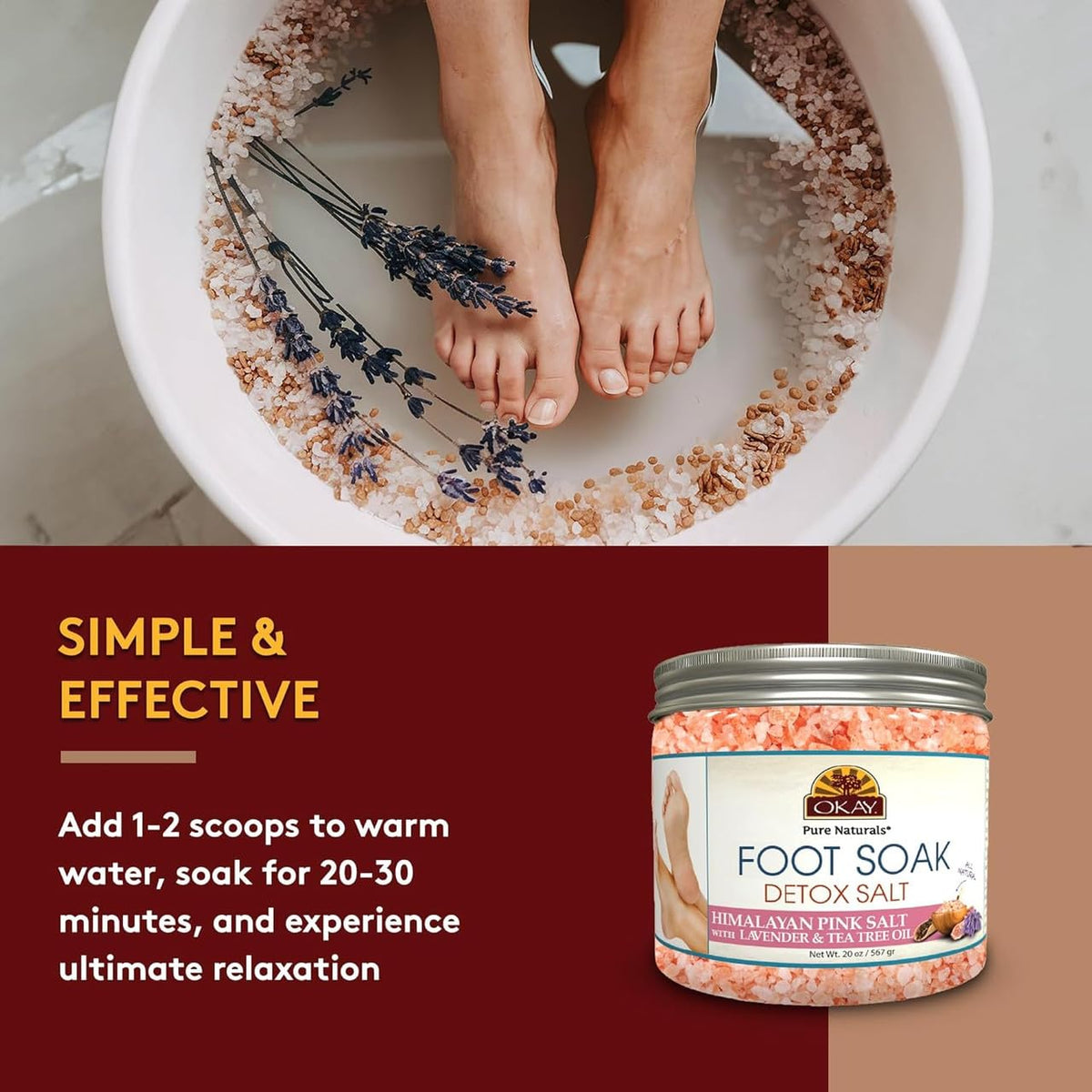 OKAY Foot Soak Detox Salt lavender oil blend for a calming aroma