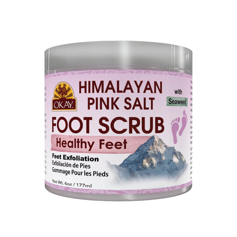 Okay Himalayan pink salt foot scrub jar for silky feet and renewed softness.