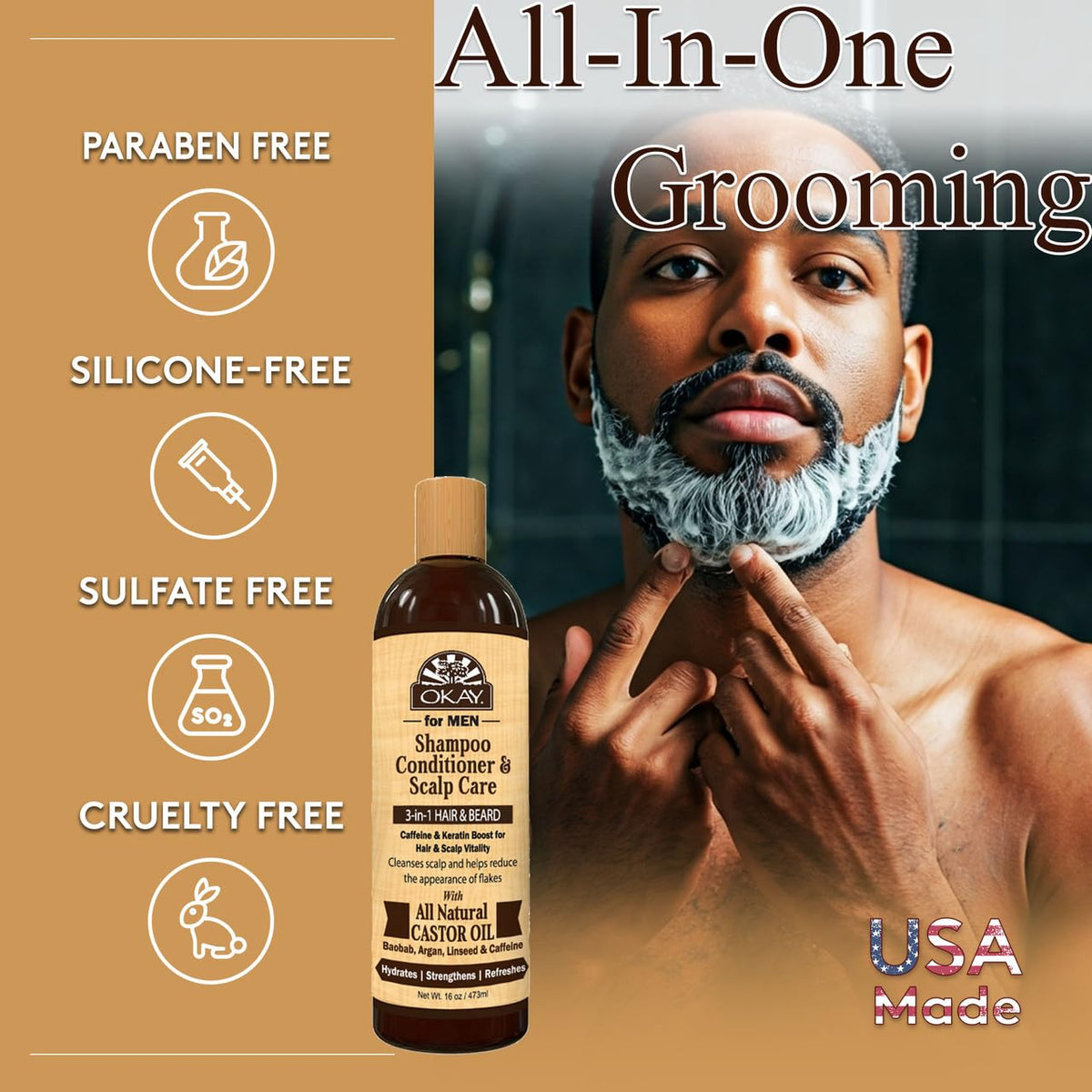 Okay-MEN 3in1 shampoo lather delivering scalp refresh and detangling.