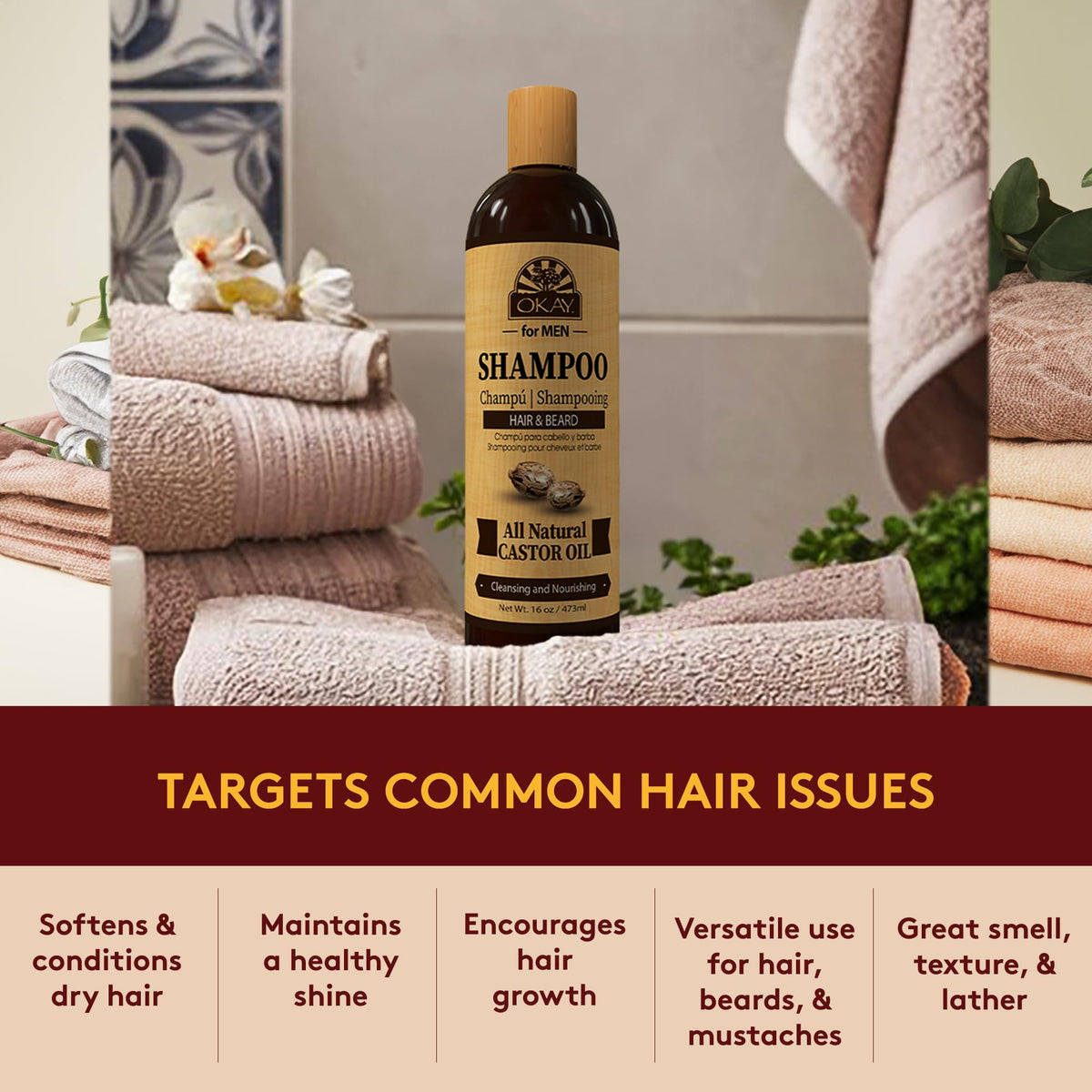 Applying OKAY Men Castor Oil Shampoo on wet hair for gentle cleansing.