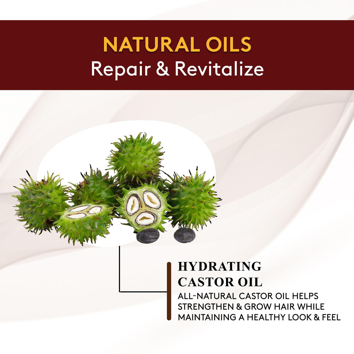 OKAY Castor Oil Shampoo with argan oil droplets delivering enhanced moisture.