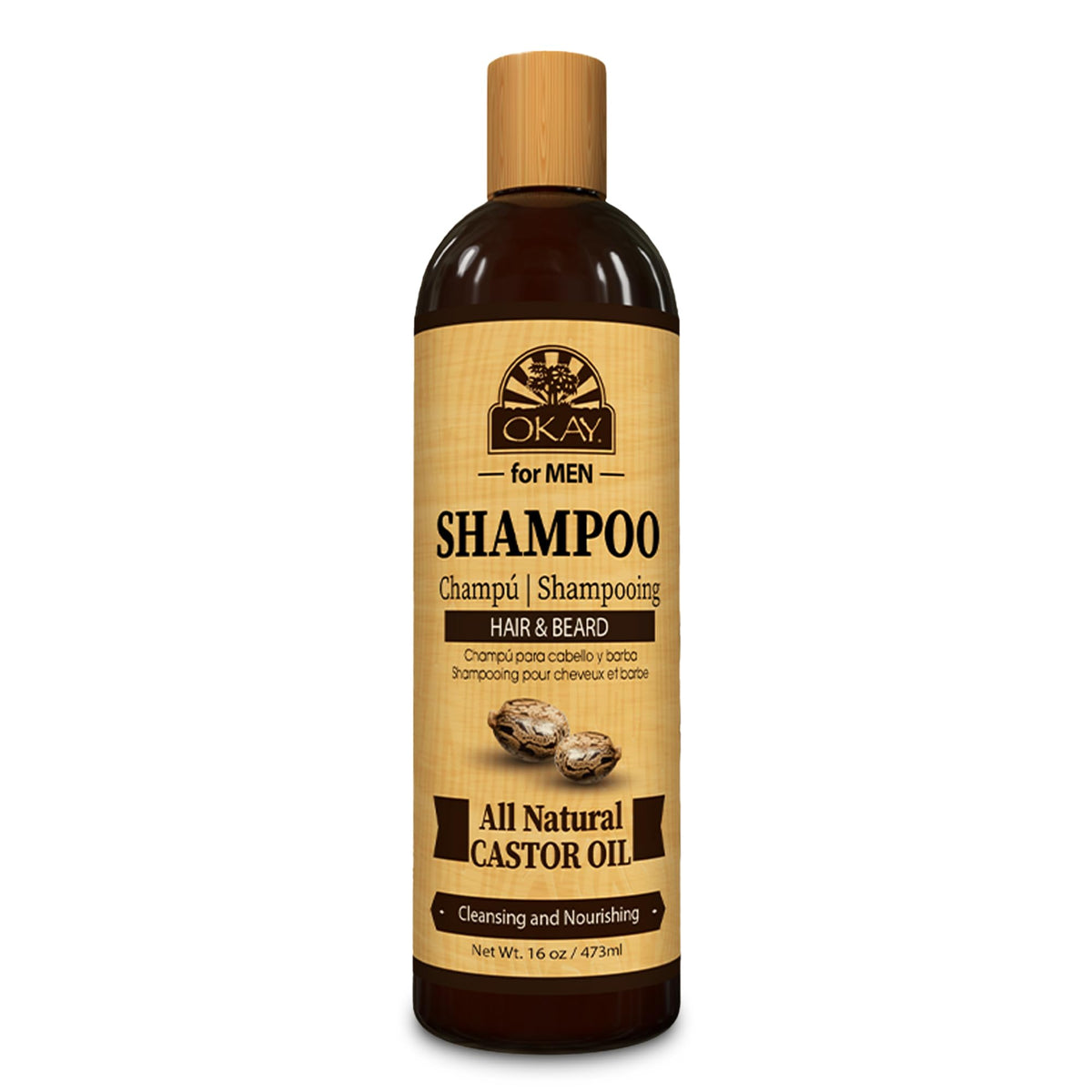 OKAY Men Castor Oil Shampoo bottle for deep hydration of hair and beard.