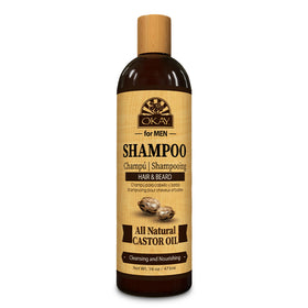 OKAY Men Castor Oil Shampoo bottle for deep hydration of hair and beard.