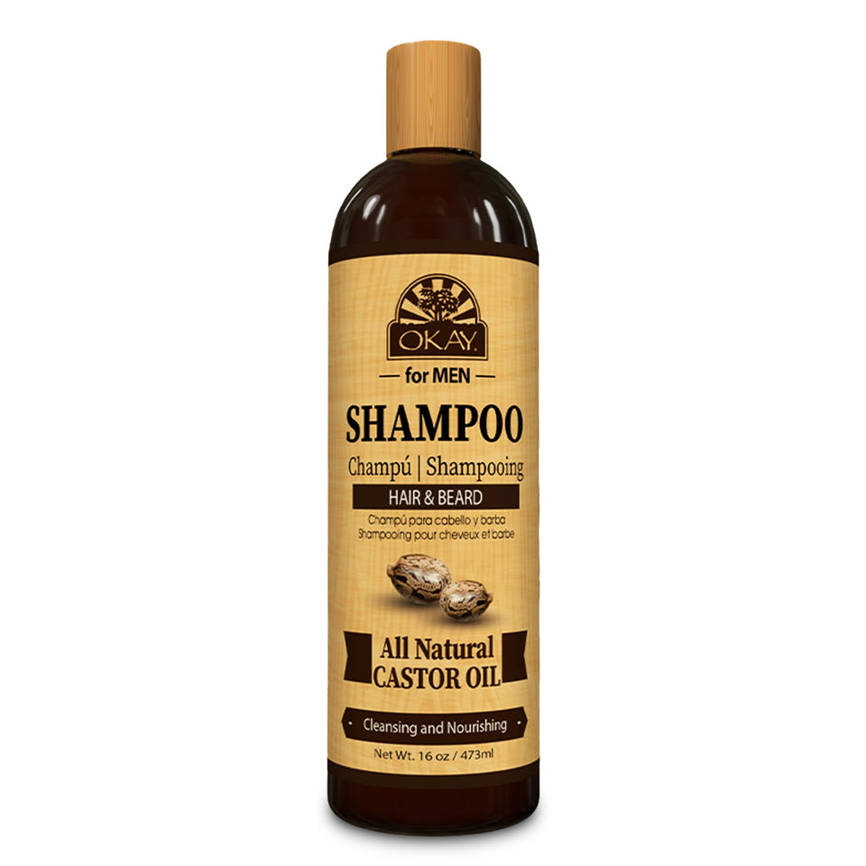 OKAY Men Castor Oil Shampoo bottle for deep hydration of hair and beard.
