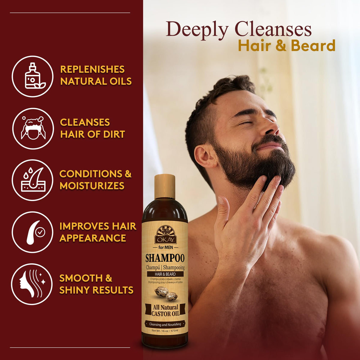 OKAY Men Castor Oil Shampoo rich lather cleansing scalp and moisturizing strands.