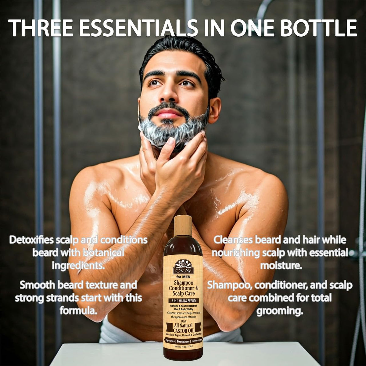 Okay-MEN conditioner application adds lightweight shine and easy detangling.