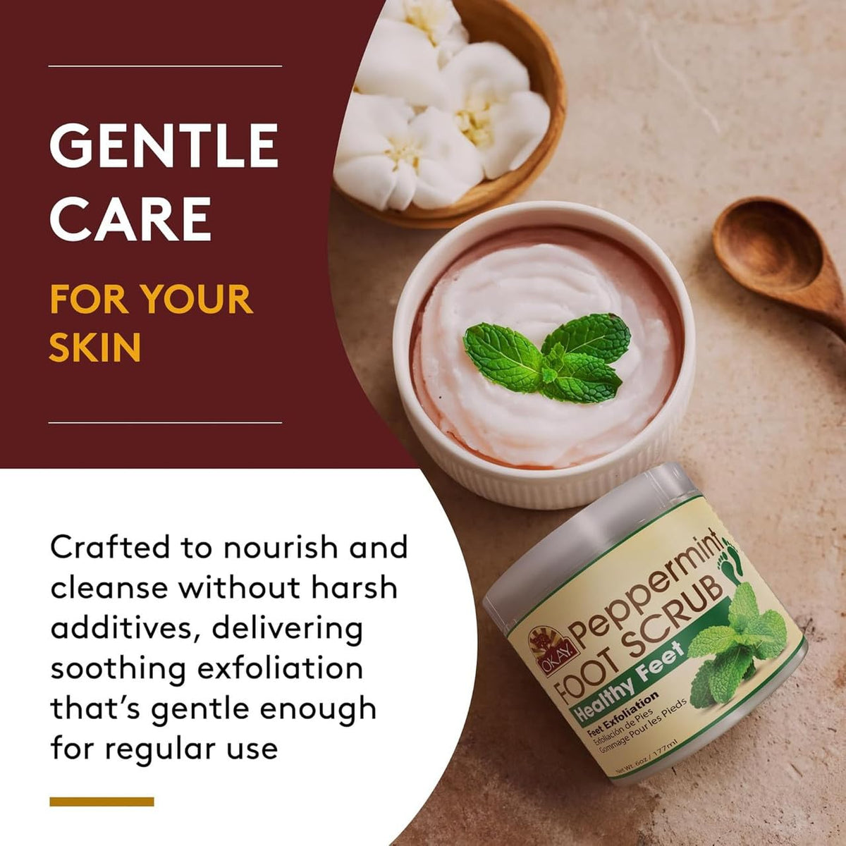 OKAY Peppermint Foot Scrub being massaged onto damp feet for renewal.