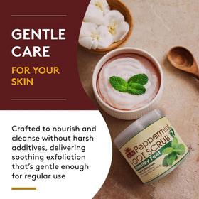 OKAY Peppermint Foot Scrub being massaged onto damp feet for renewal.