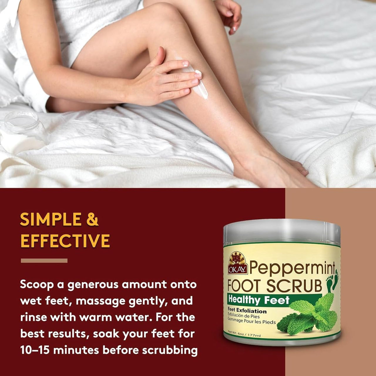 OKAY Peppermint Foot Scrub jar with coconut oil for hydrating feet.