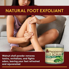 OKAY Peppermint Foot Scrub texture close-up showing walnut powder exfoliation for smooth skin.