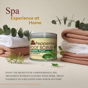 OKAY Peppermint Foot Scrub label and ingredients highlighting natural exfoliation.