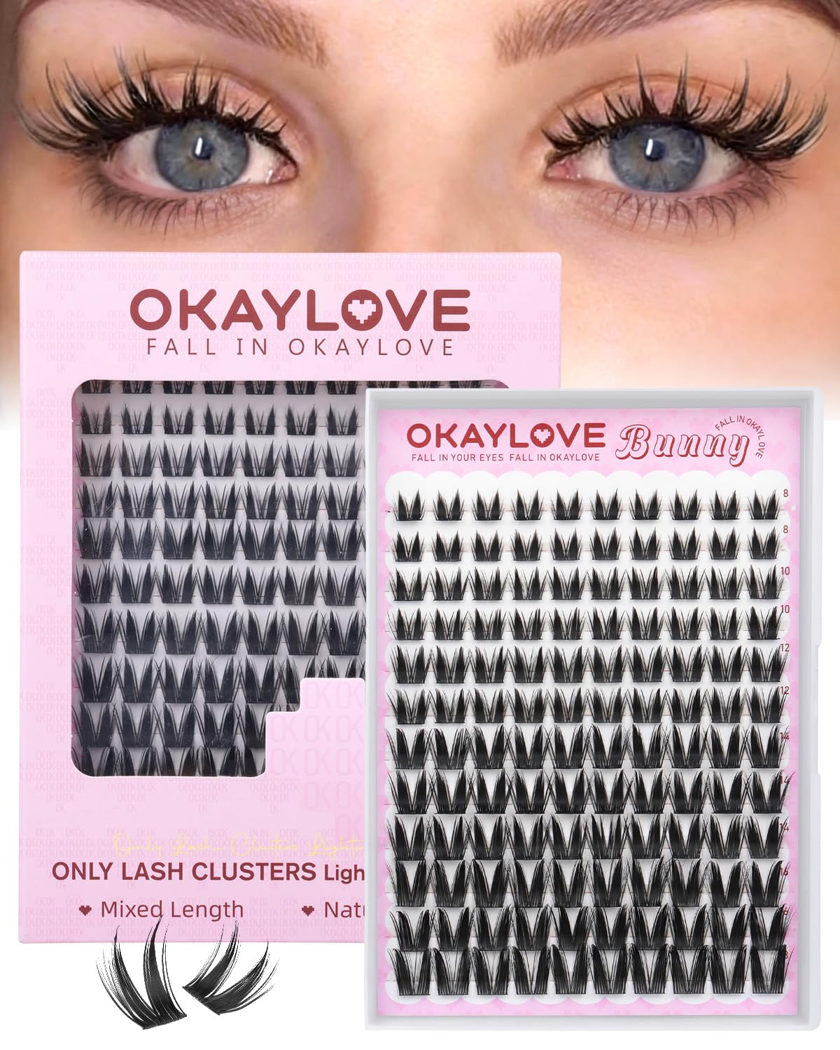 OKAYLOVE Bunny Lash Clusters 8-18mm wispy design for brighter anime-inspired eyes.