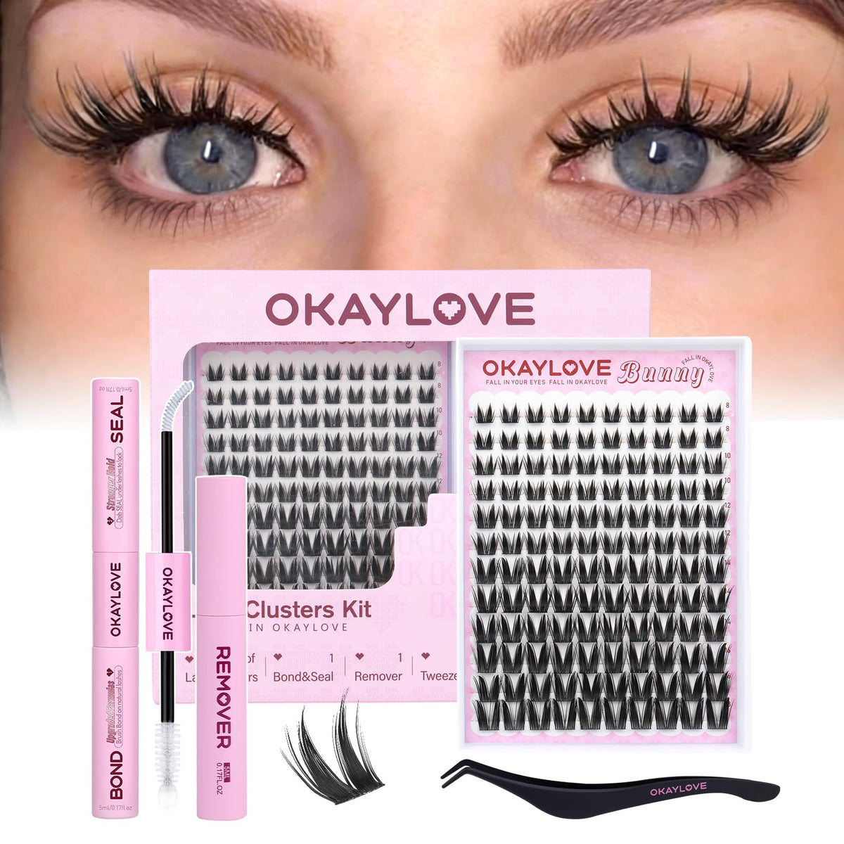 OKAYLOVE Bunny Lash Clusters Kit 8-18mm display for anime inspired eyes
